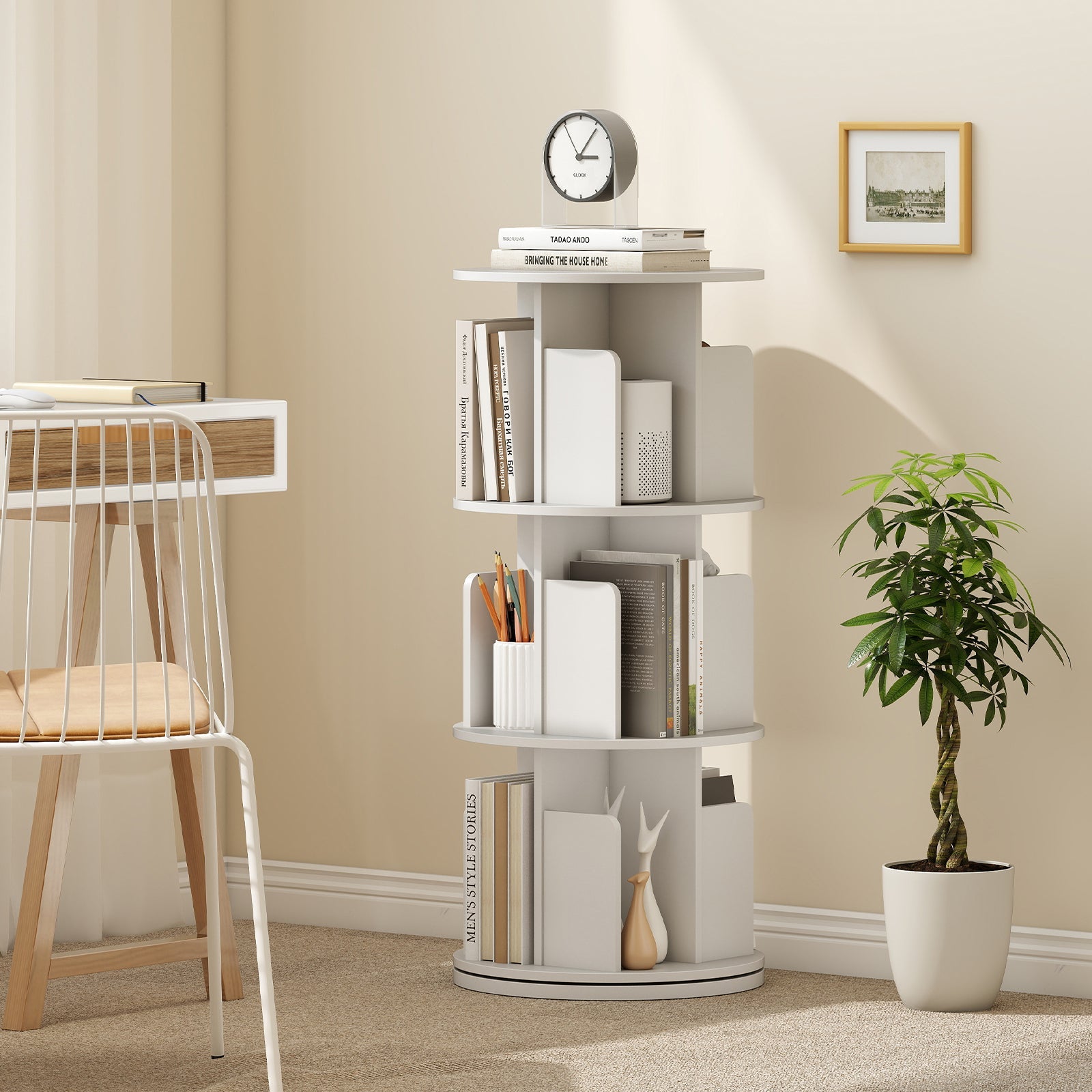 3-Tier Rotating Bookshelf with Dividers and Anti-falling Baffles-Natural