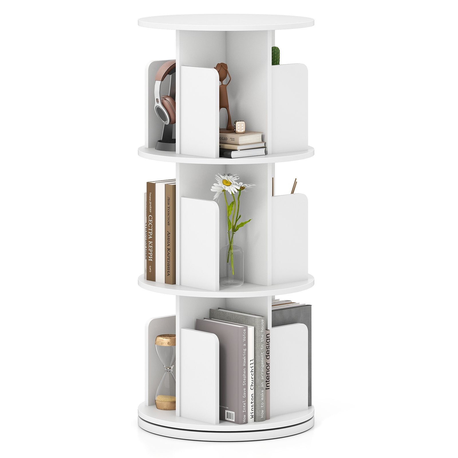 3-Tier Rotating Bookshelf with Dividers and Anti-falling Baffles-Natural