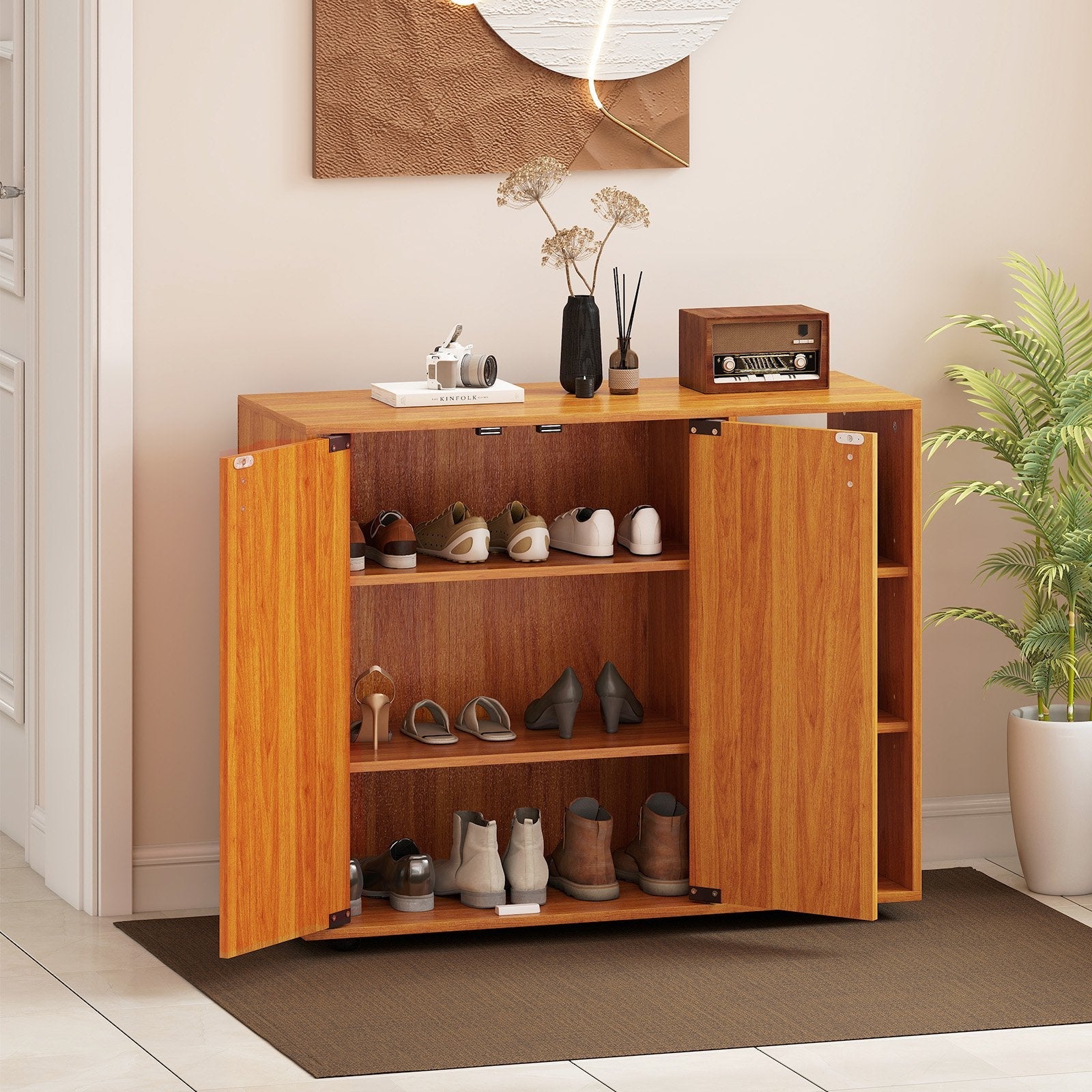 3-Tier Shoe Cabinet with Doors with Adjustable Open Shelves for Entryway-Natural