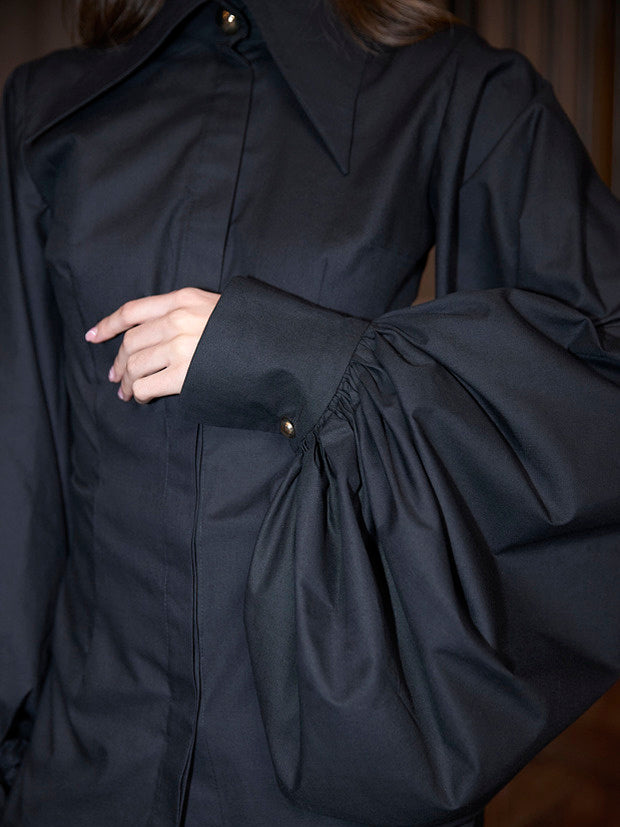 Black Oversized Collar Balloon Sleeve Shirt