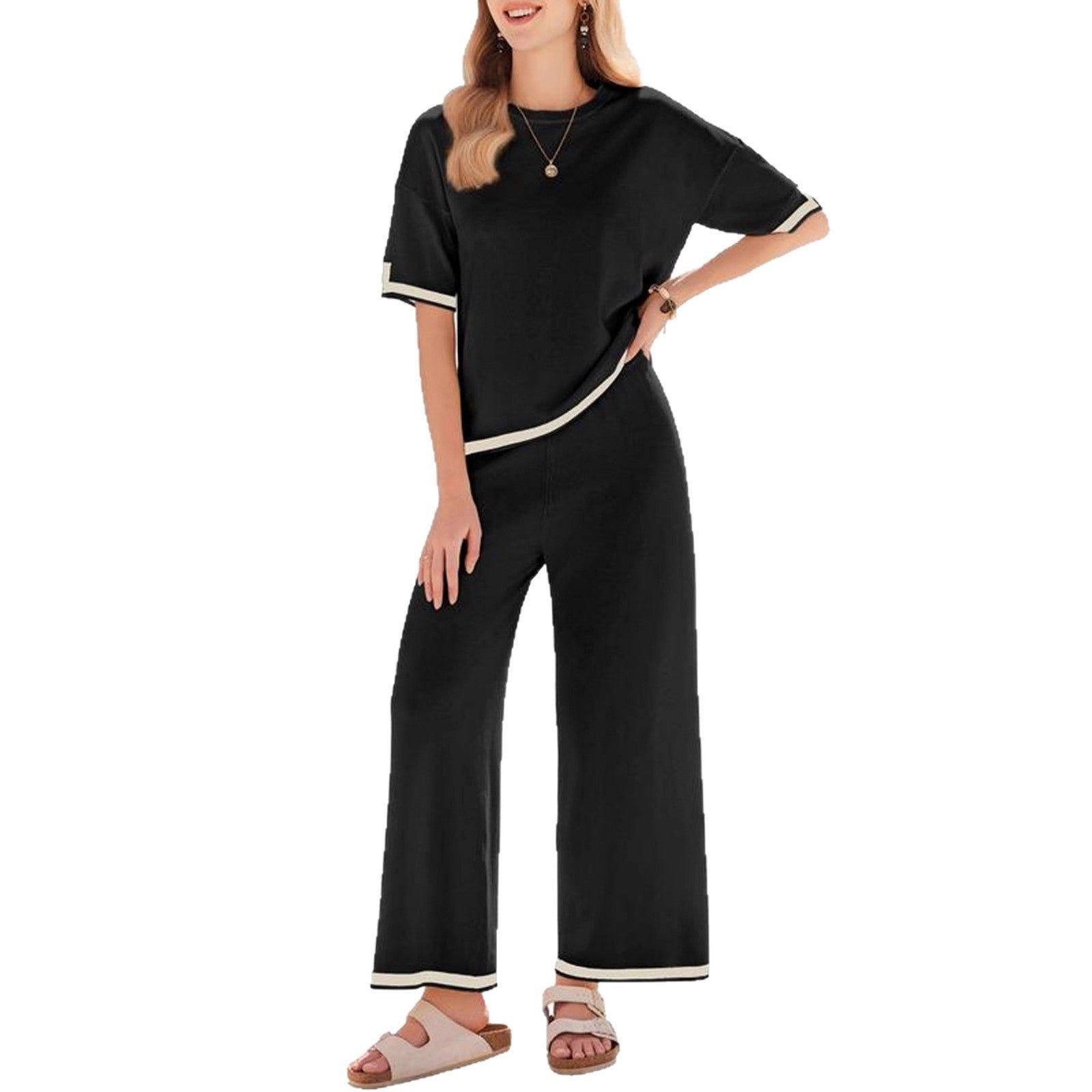 Knitwear High Waist Slimming Wide Leg Pants Trousers Two-piece Suit