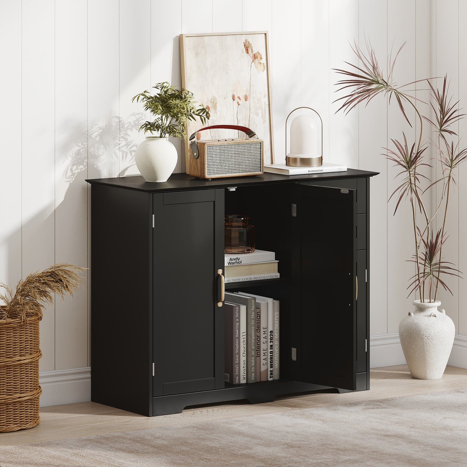 40 Inch Modern Kitchen Sideboard Buffet Cabinet with 2 Drawers and Adjustable Shelf-Black