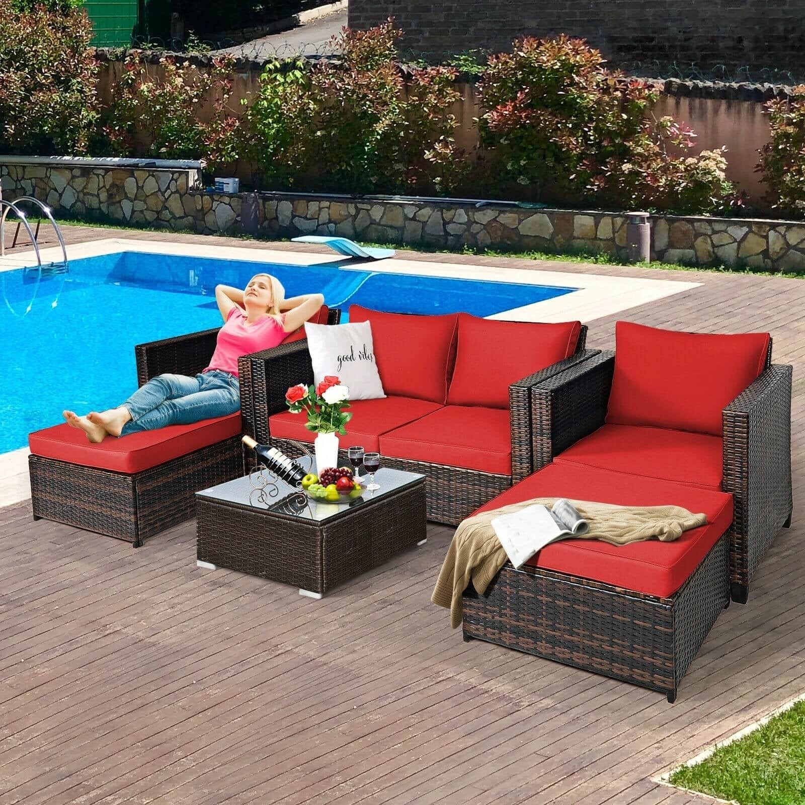 5 Pieces Patio Cushioned Rattan Furniture Set-Black