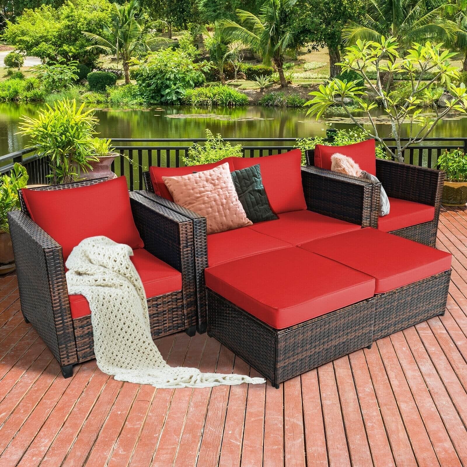 5 Pieces Patio Cushioned Rattan Furniture Set-Black