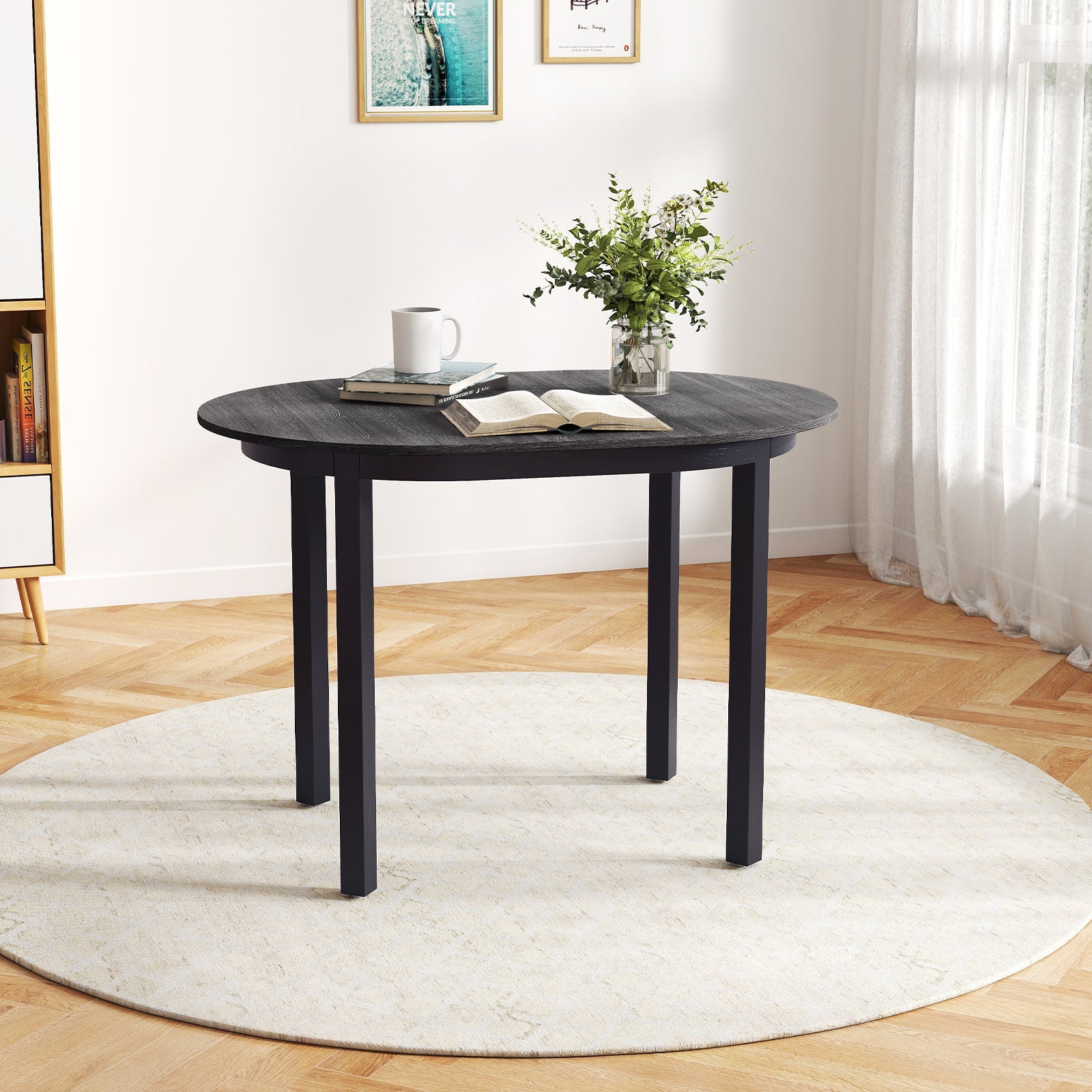 43 Inch Wooden Dining Table with Rubber Wood Legs for 2-4 People-Black