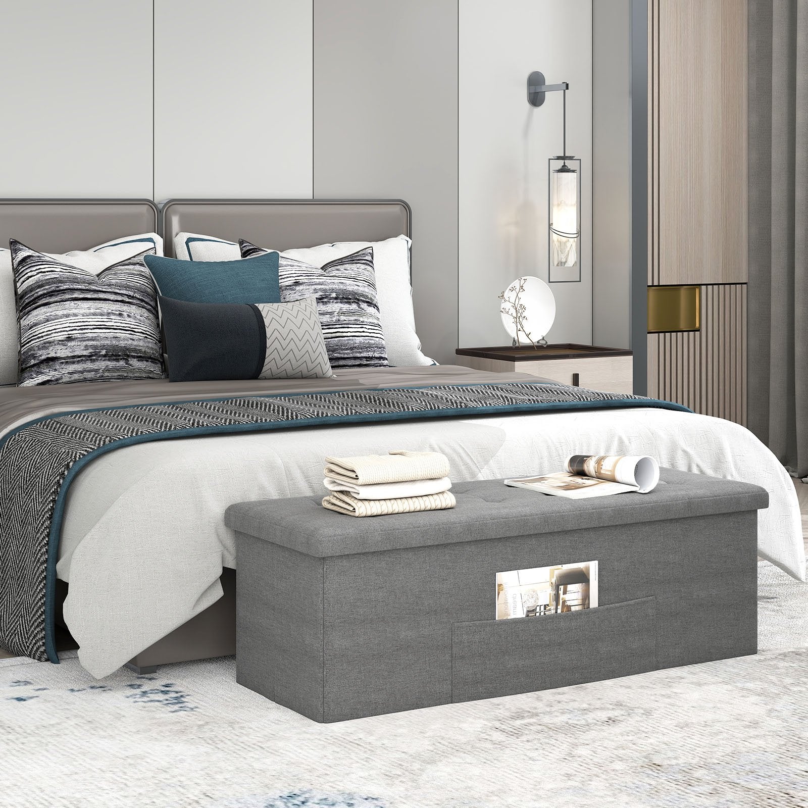 43 Inches Folding Storage Ottoman Bench Linen End of Bed Bench with Padded Seat-Dark Gray