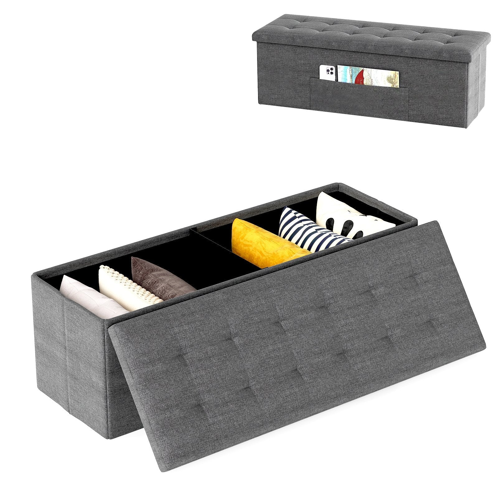 43 Inches Folding Storage Ottoman Bench Linen End of Bed Bench with Padded Seat-Dark Gray