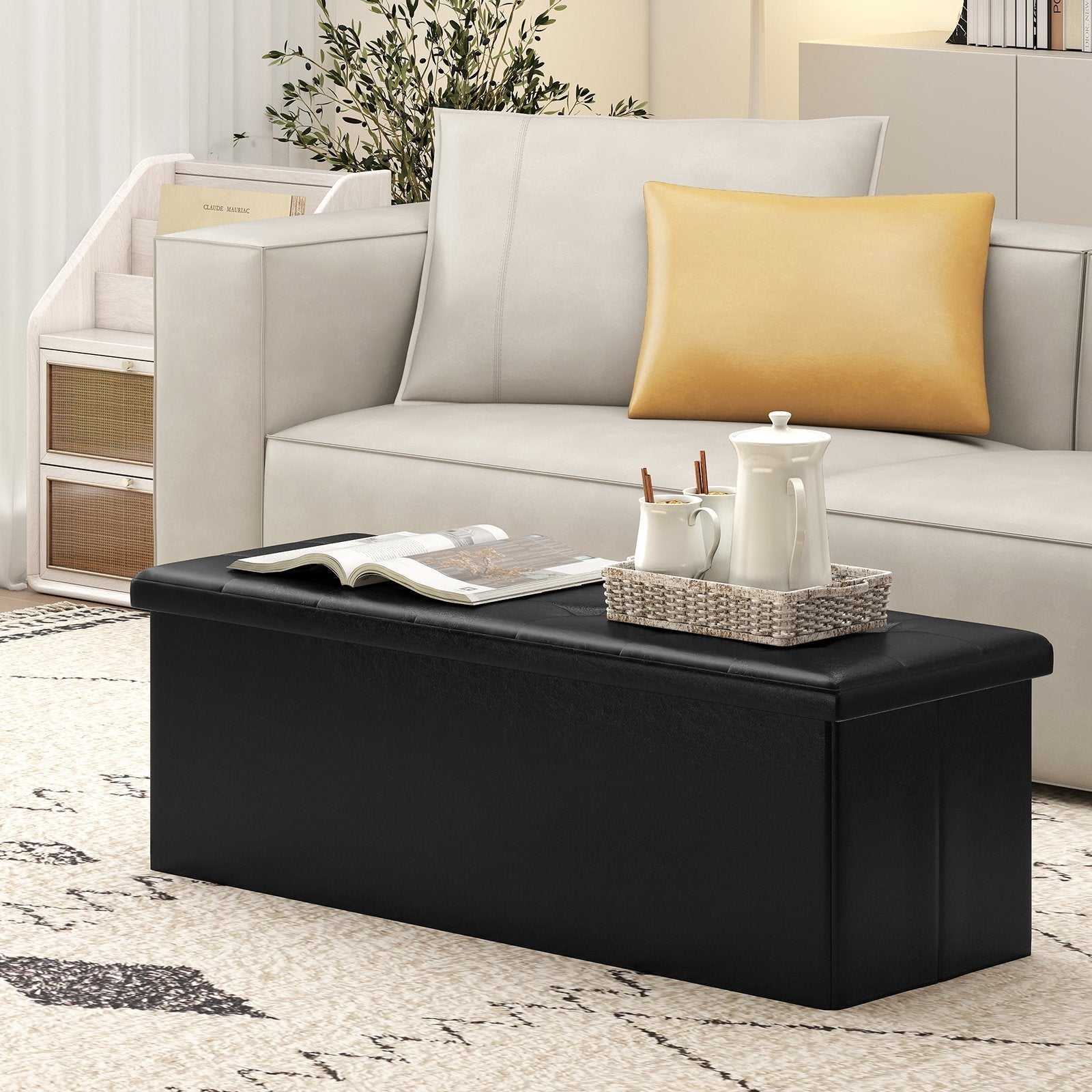 43 Inches Folding Storage Ottoman Bench Foot Rest Stool End of Bed Bench-Black