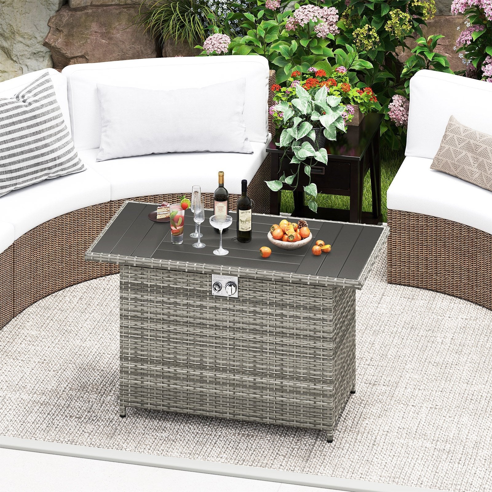 44.5 Inch Propane Fire Pit Table Rattan Gas 2-in-1 with Stainless Steel Burner-Black