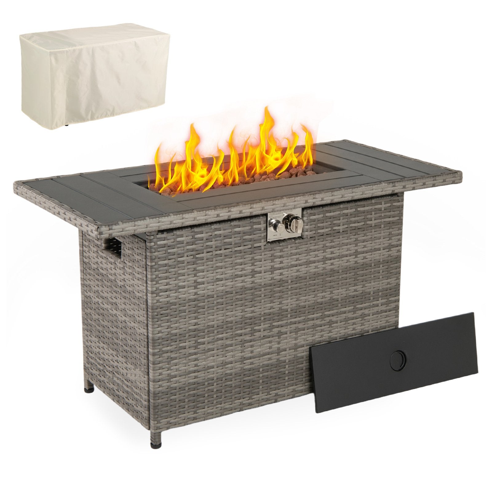 44.5 Inch Propane Fire Pit Table Rattan Gas 2-in-1 with Stainless Steel Burner-Black