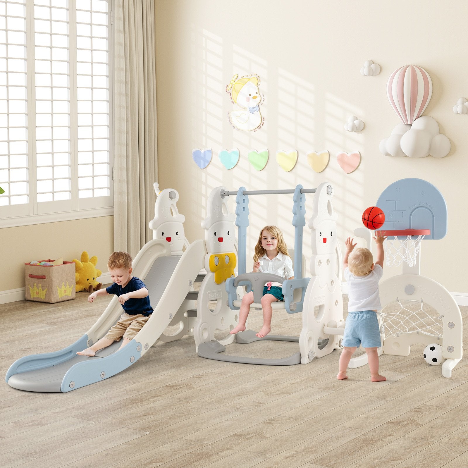 7 in 1 Toddler Slide and Swing Set with Height Adjustable Swing and Basketball Hoop