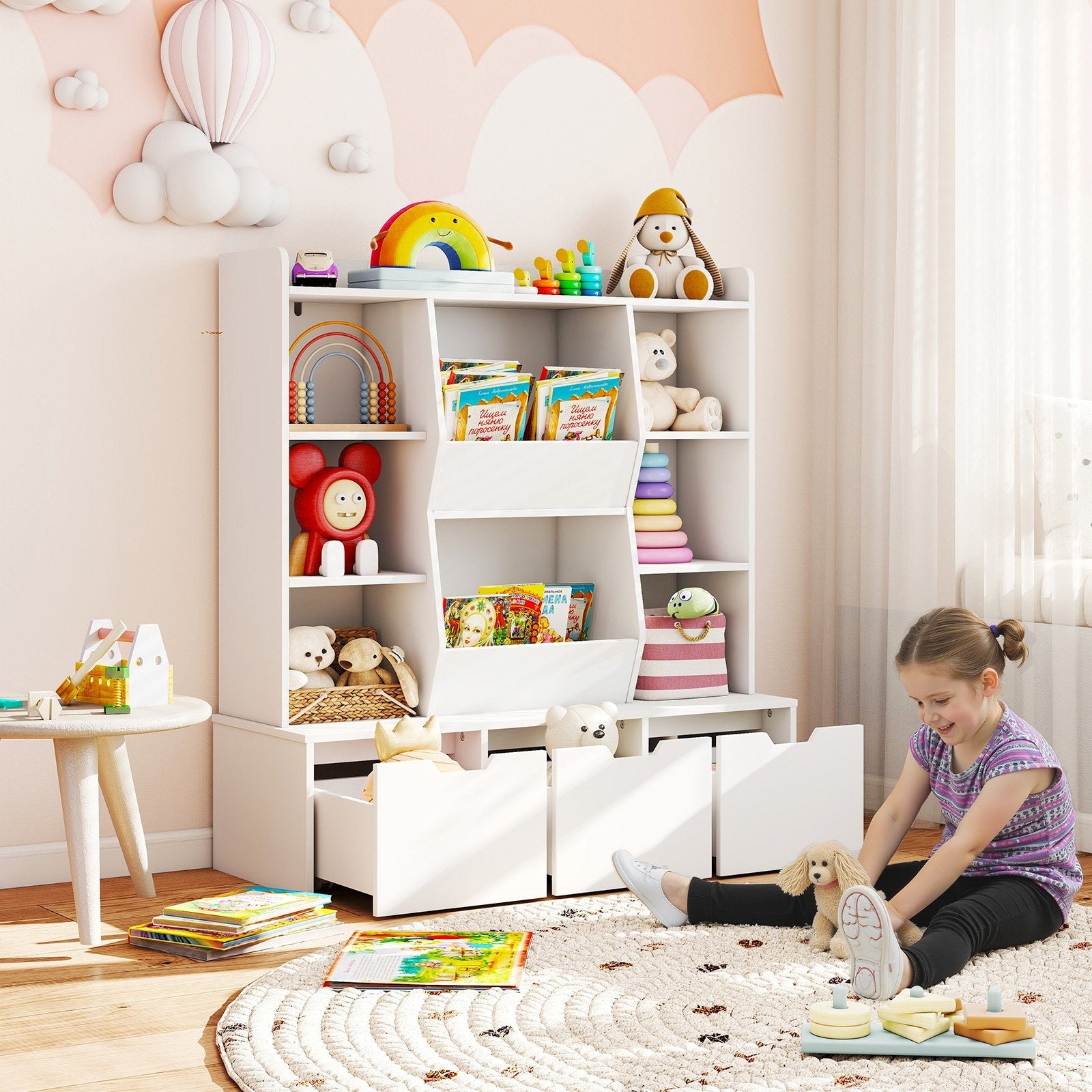 47" Children Bookcase Toy Storage Organizer Versatile Storage Cabinet-White