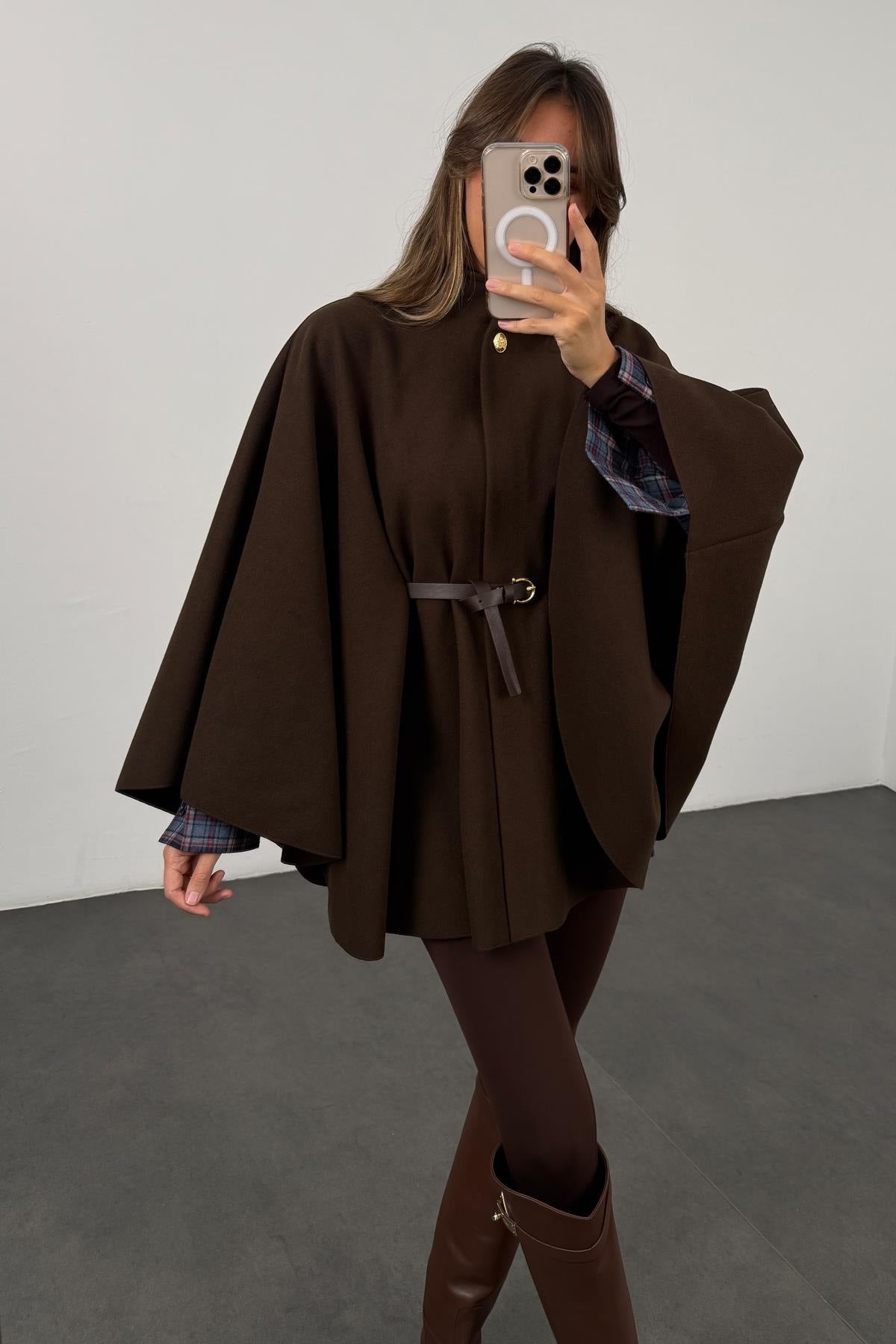 Winter Elegant Style Solid Color Waist Tight Woolen Cape Coat Mid-length