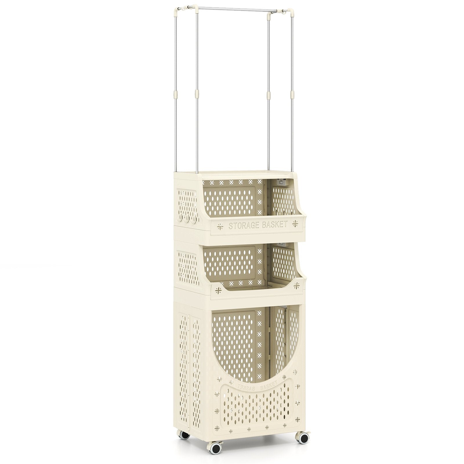 4-Tier Laundry Cart Folding Hamper with Hanging Bar and 8 Hanging Hooks