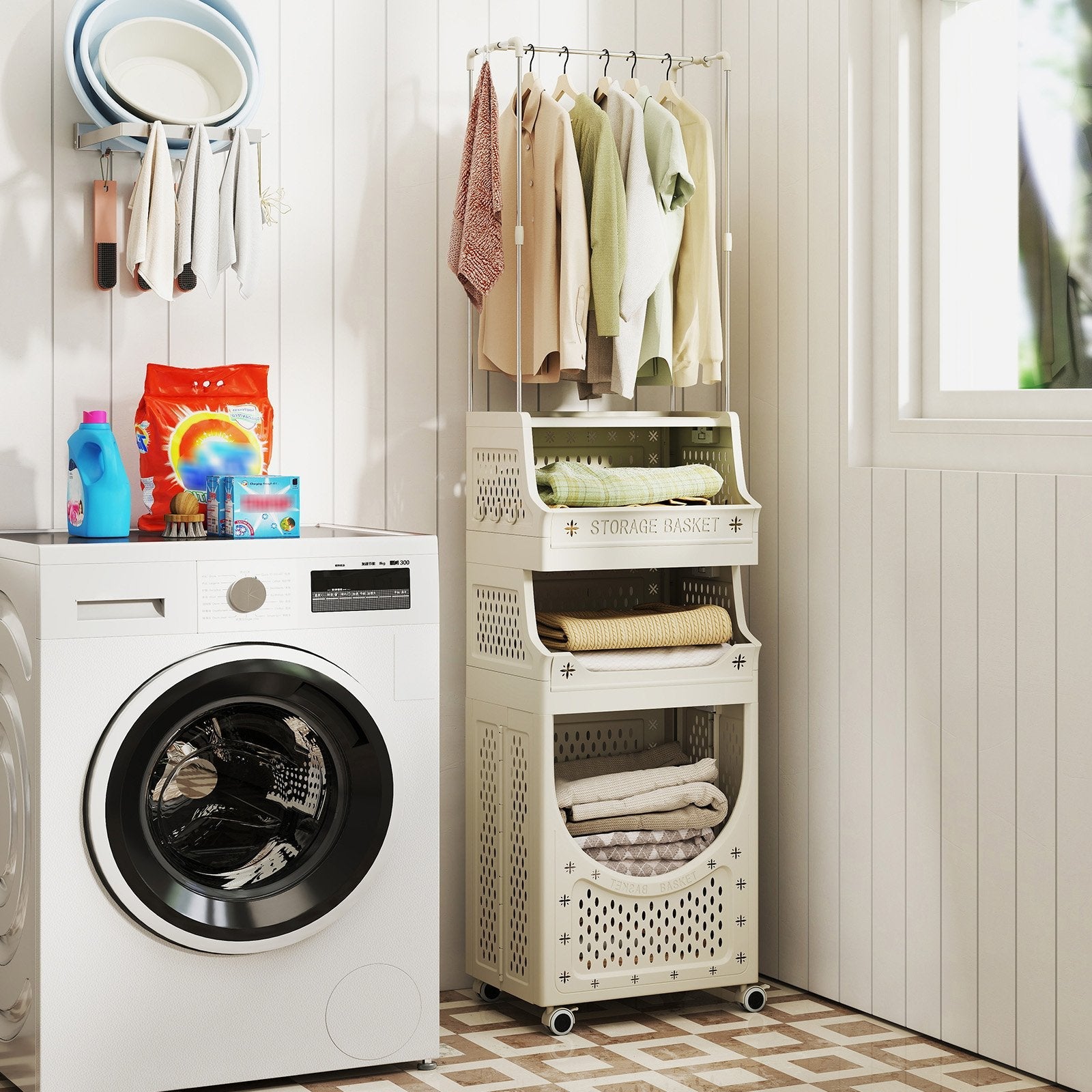 4-Tier Laundry Cart Folding Hamper with Hanging Bar and 8 Hanging Hooks