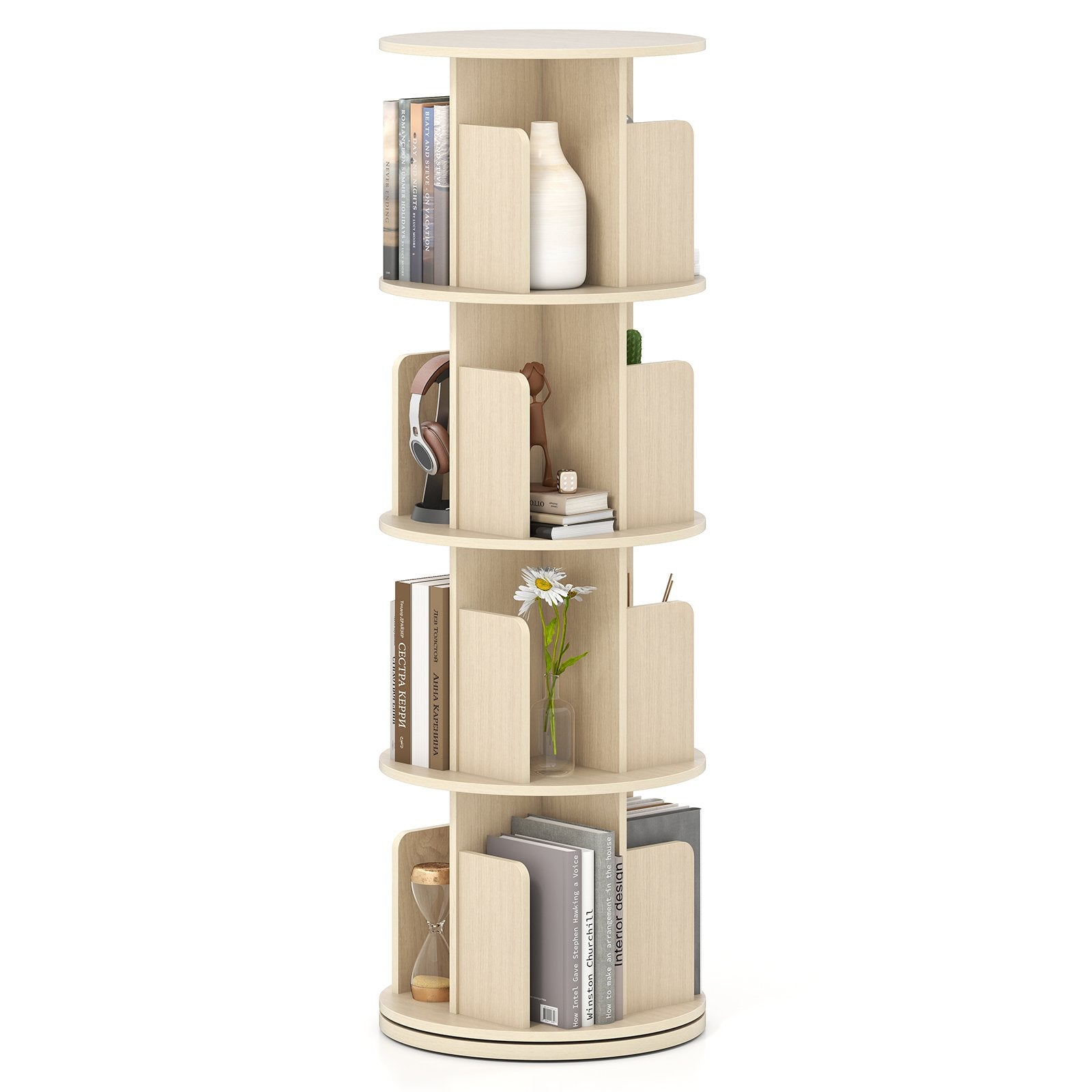 4-Tier Rotating Bookshelf 360° Display Rack with Dividers and Anti-falling Baffles-Natural