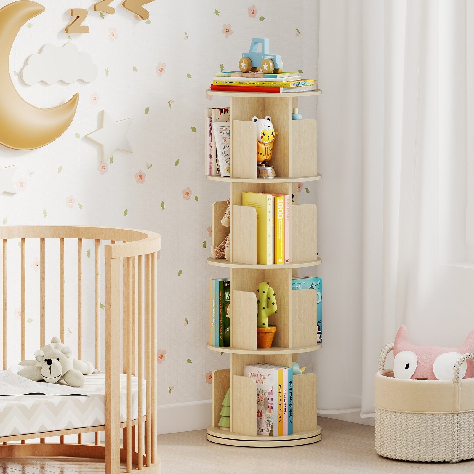 4-Tier Rotating Bookshelf 360° Display Rack with Dividers and Anti-falling Baffles-Natural