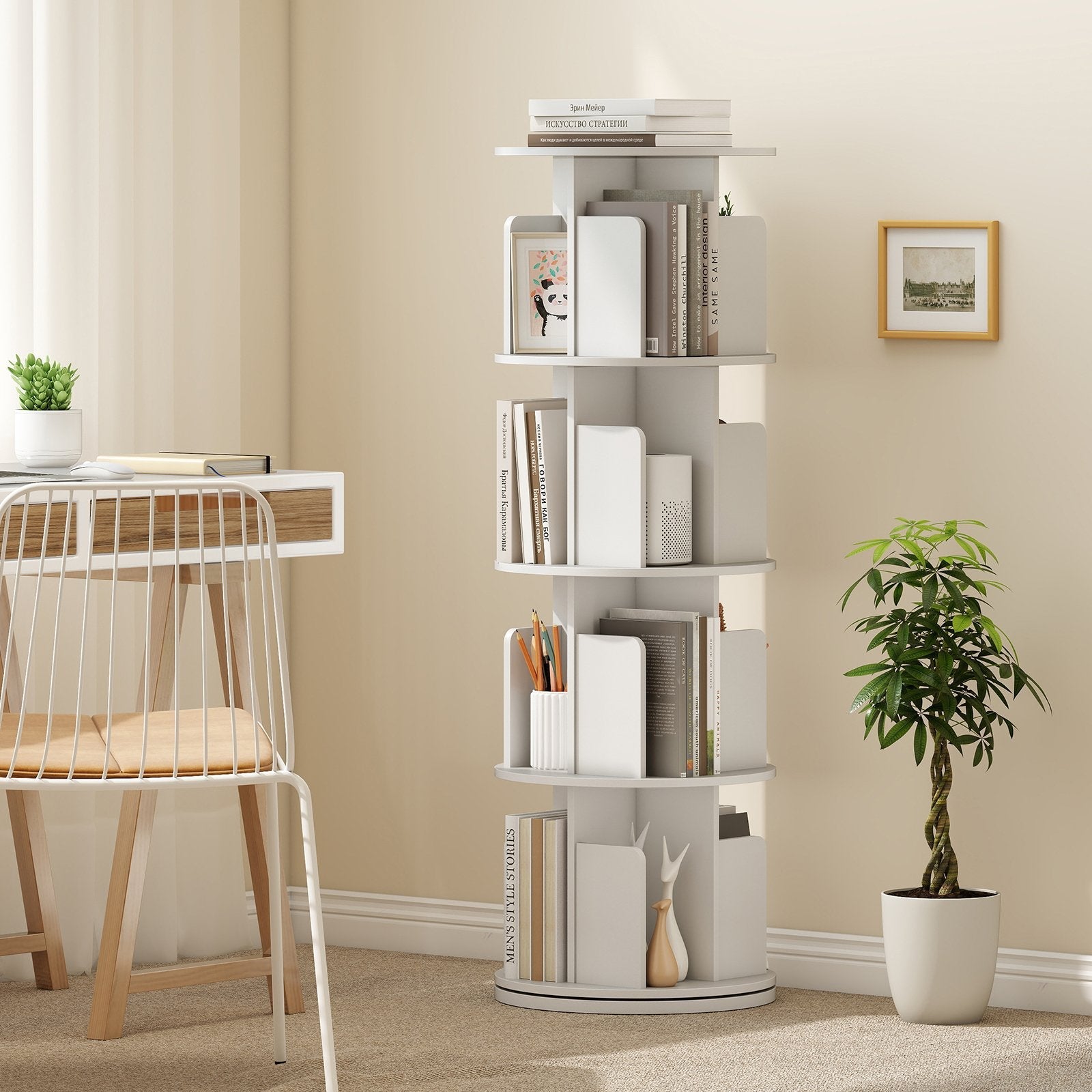 4-Tier Rotating Bookshelf 360° Display Rack with Dividers and Anti-falling Baffles-Natural