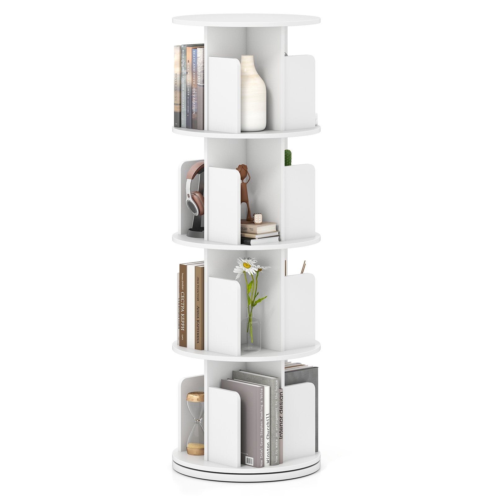 4-Tier Rotating Bookshelf 360° Display Rack with Dividers and Anti-falling Baffles-Natural