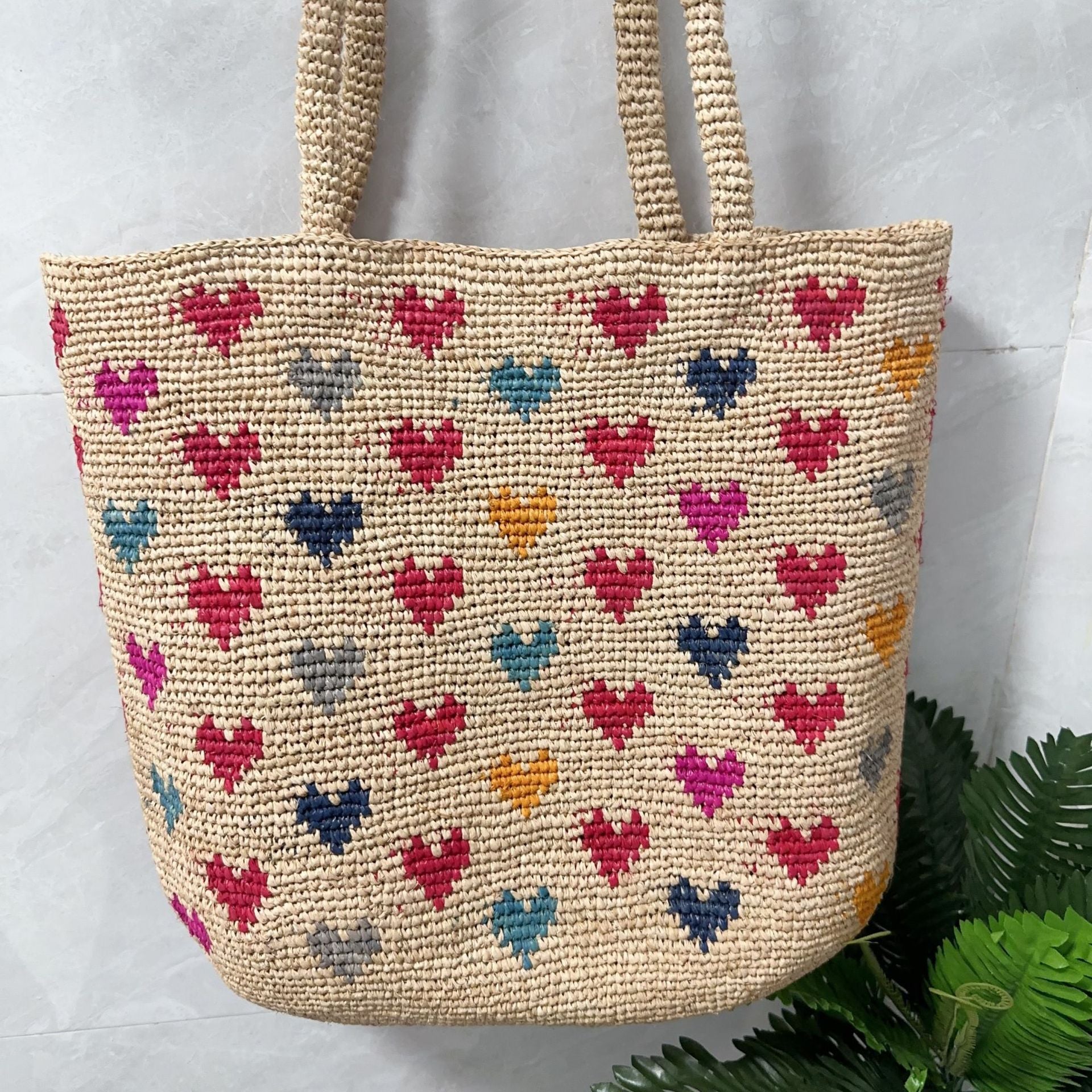 High Quality Raffia Love Embroidery Woven Bag Women