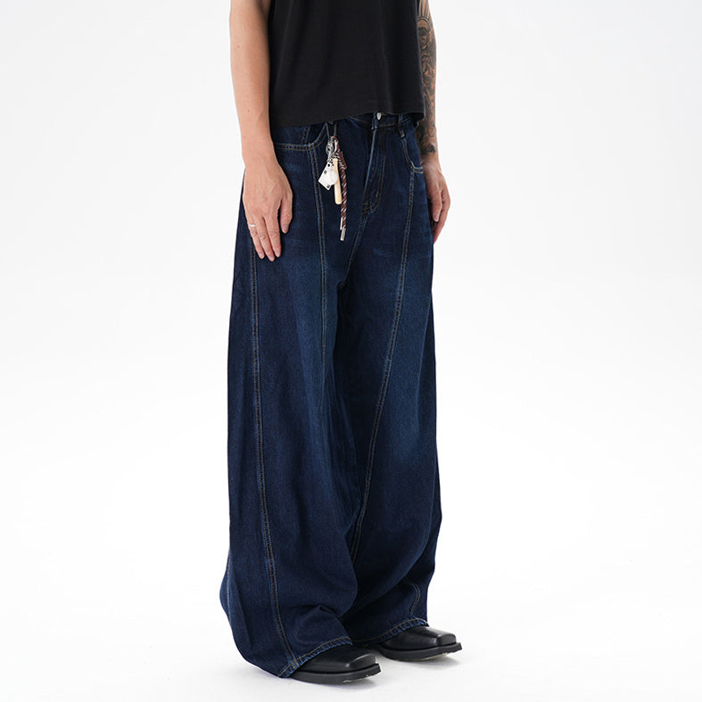 Washed Distressed Dark Blue Wide Leg Machete Jeans
