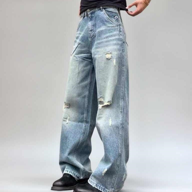 Water Washed Hole Jeans Summer Loose Straight