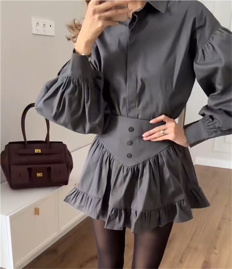 Lantern Sleeve Shirt Ruffled Skirt Suit Women