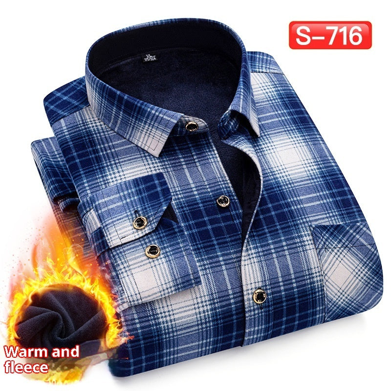 Autumn And Winter Warm Shirt Men's Long Sleeve Middle-aged Fleece Lined Padded Shirt