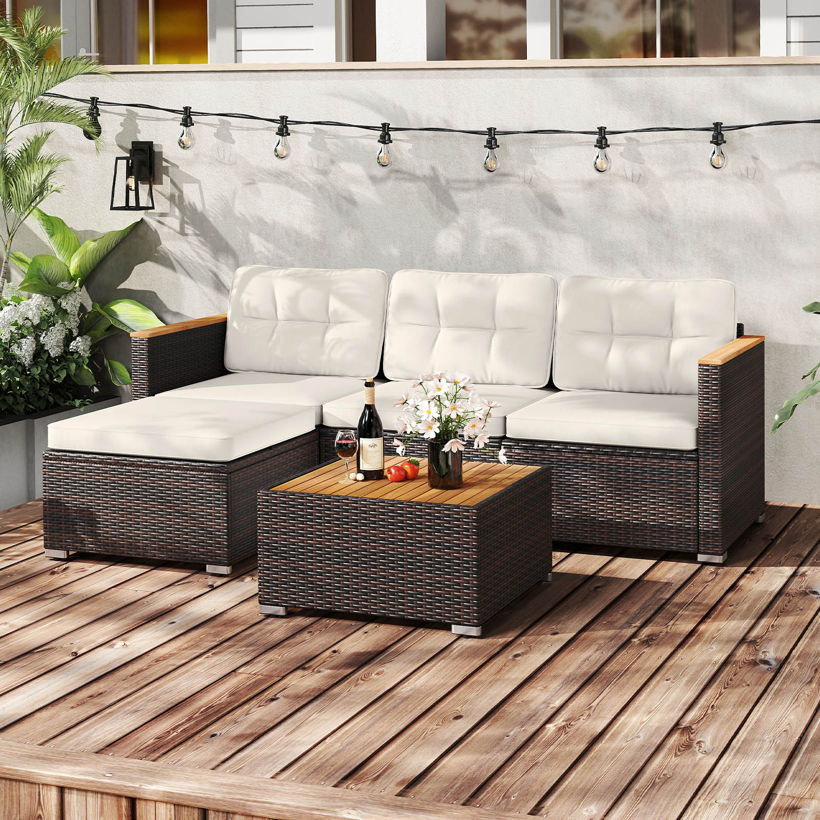 5-Piece Wicker Conversation Set Rattan Set with Cushions and Coffee Table-White