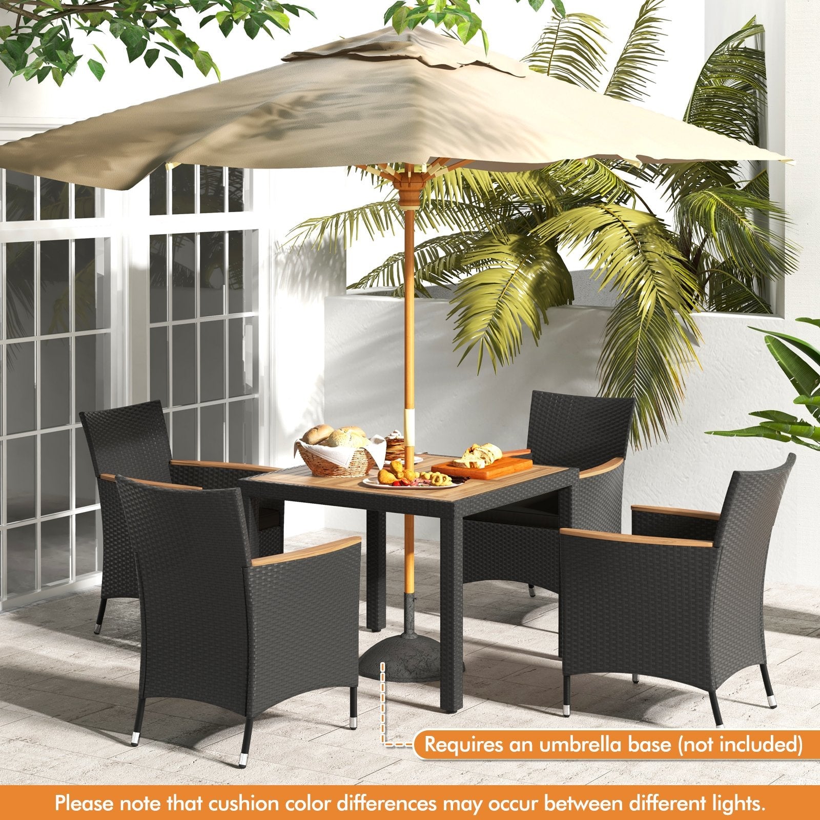5 Pieces Patio Dining Table Set for 4 with Umbrella Hole-Brown