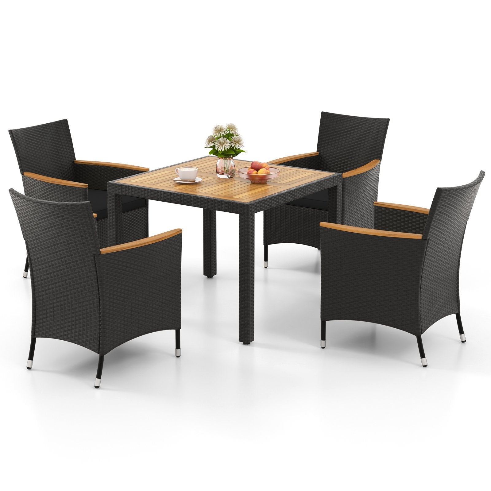 5 Pieces Patio Dining Table Set for 4 with Umbrella Hole-Brown