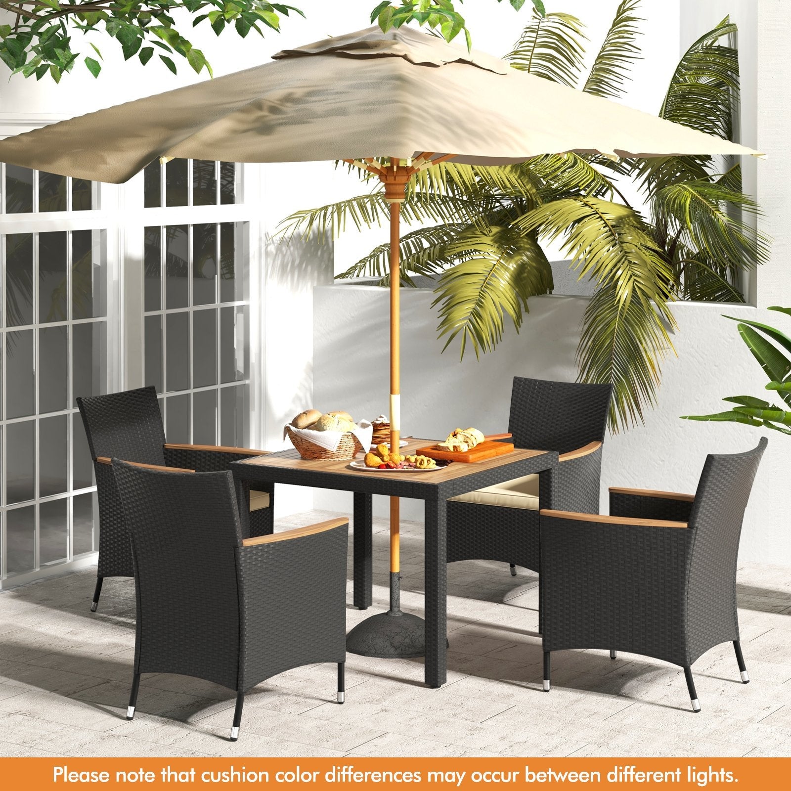 5 Pieces Patio Dining Table Set for 4 with Umbrella Hole-Brown