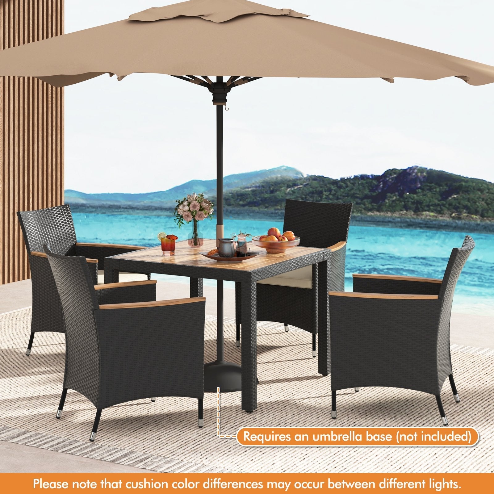 5 Pieces Patio Dining Table Set for 4 with Umbrella Hole-Brown