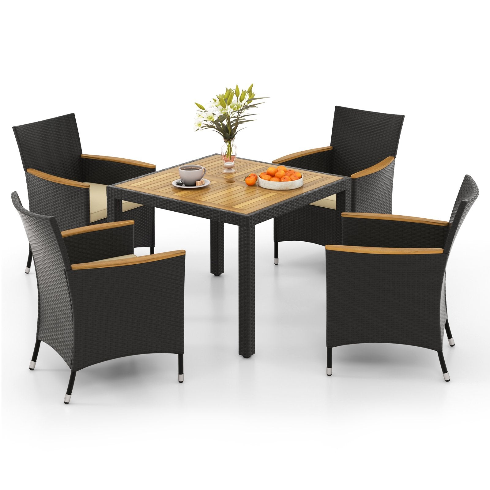 5 Pieces Patio Dining Table Set for 4 with Umbrella Hole-Brown