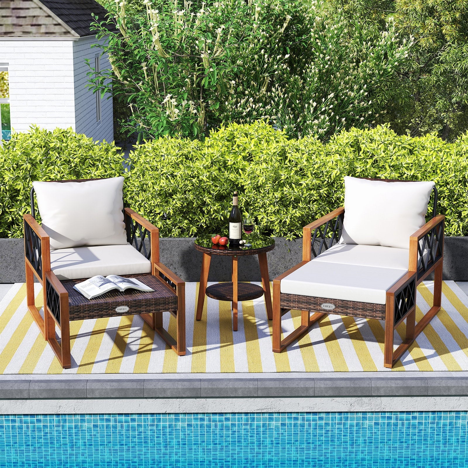 5 Pieces Patio Furniture Set PE Rattan Outdoor Conversation Set with Acacia Wood