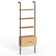 5-Tier Ladder Bookcase with Rattan Cabinet and Metal Frame-Natural
