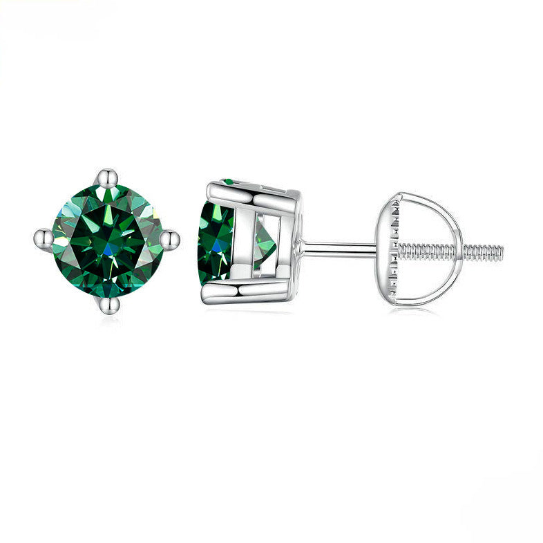 S925 Sterling Silver Green Four-claw Moissanite Stud Earrings