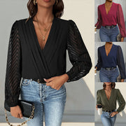 All-matching Solid Color And V-neck Pleated Lace See-through Long-sleeved Jumpsuit