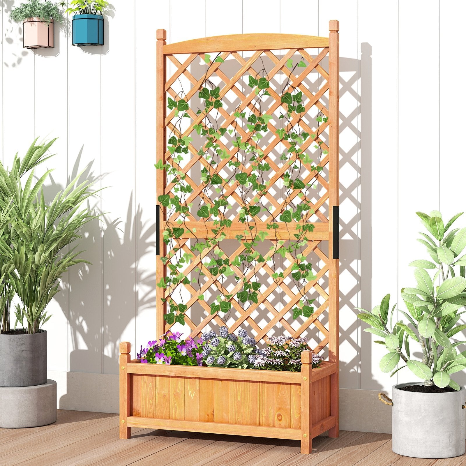 60 Inch Tall Raised Garden Bed with Diamond Lattice Trellis and Drainage Holes-Orange