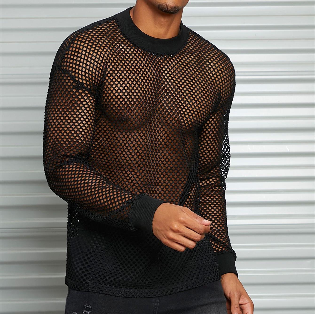 Men's Drop Shoulder See-through Mesh Hollow Bottoming Shirt Fashion