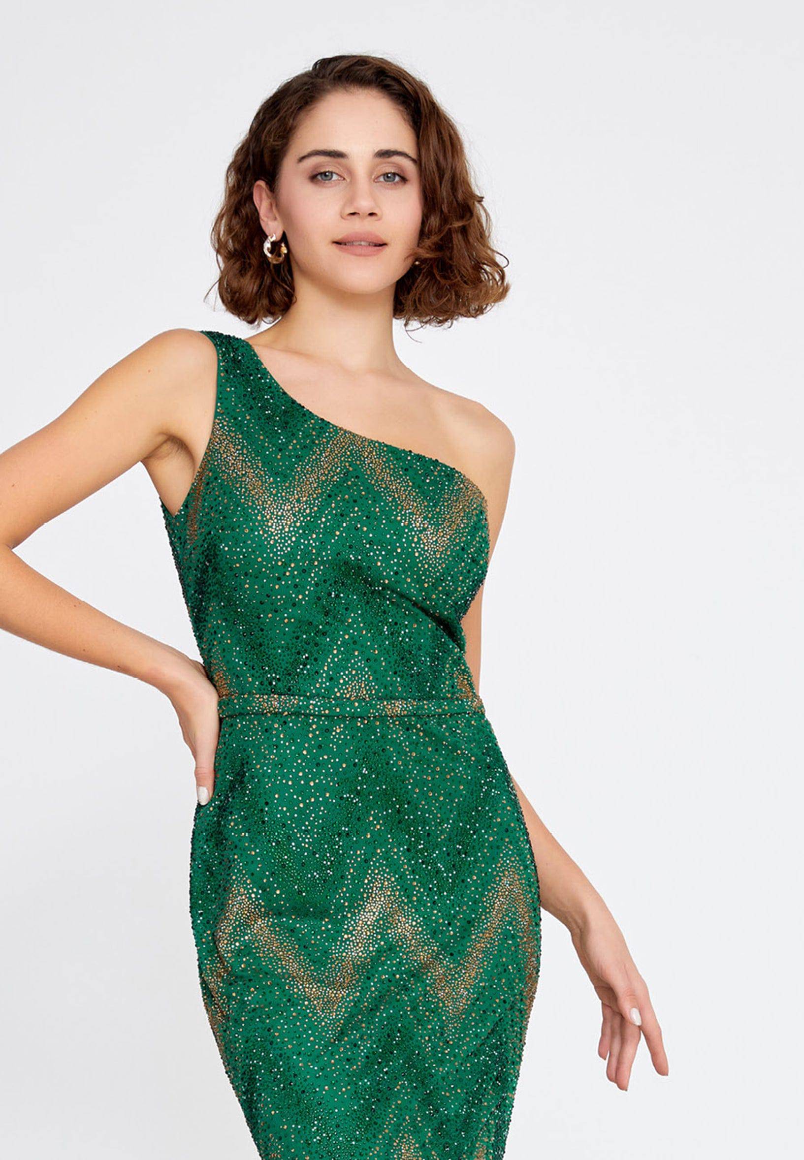 One Shoulder Beaded Maxi Tulle Mermaid Evening Gown - Emerald green