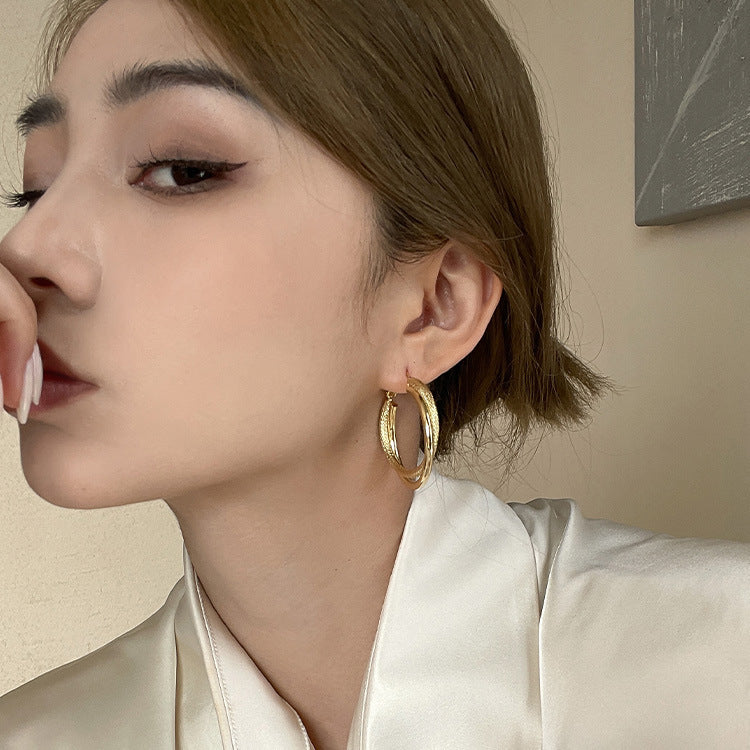French Retro Easy Matching Commuter Frosted Texture Round Ring Earrings