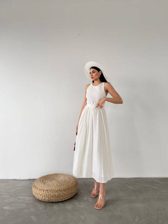 Gathered Long Dress With Waist Belt