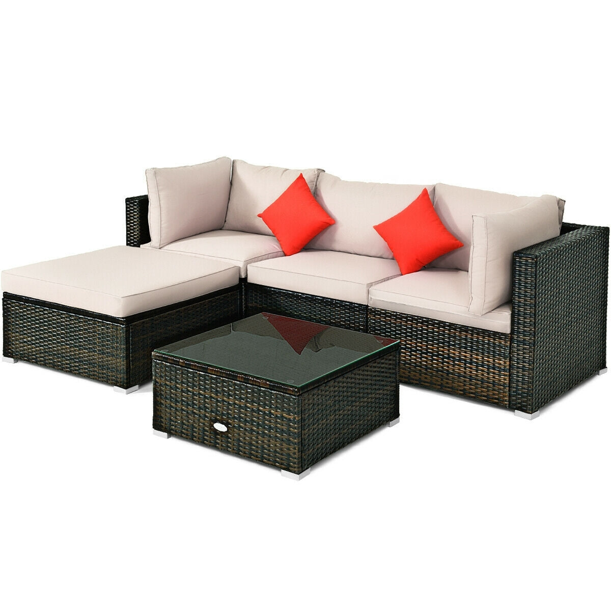5 Pieces Outdoor Patio Rattan Furniture Set Sectional Conversation with Cushions-Beige