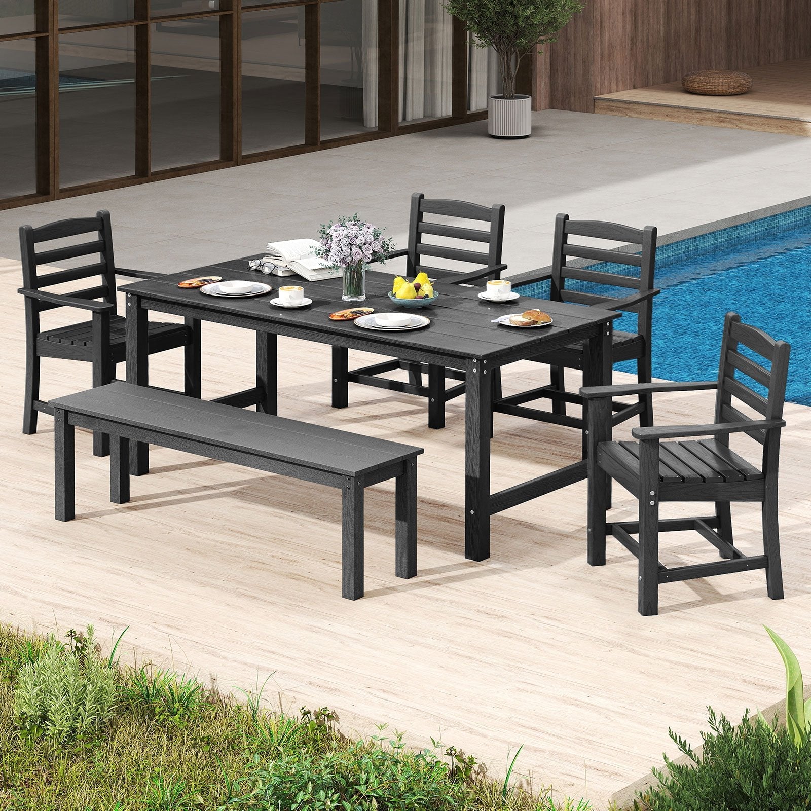 6 Pieces Patio Dining Bench Set Outdoor HDPE Weather Resistant Table and Chairs Set-Black