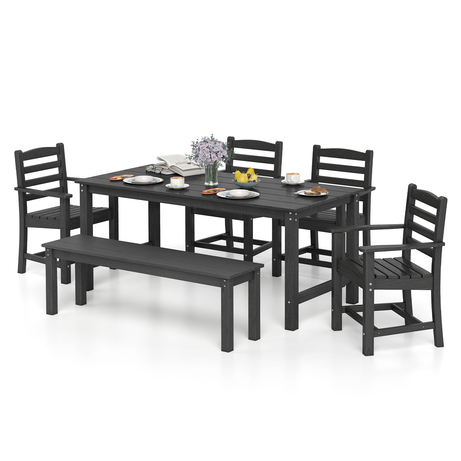 6 Pieces Patio Dining Bench Set Outdoor HDPE Weather Resistant Table and Chairs Set-Black