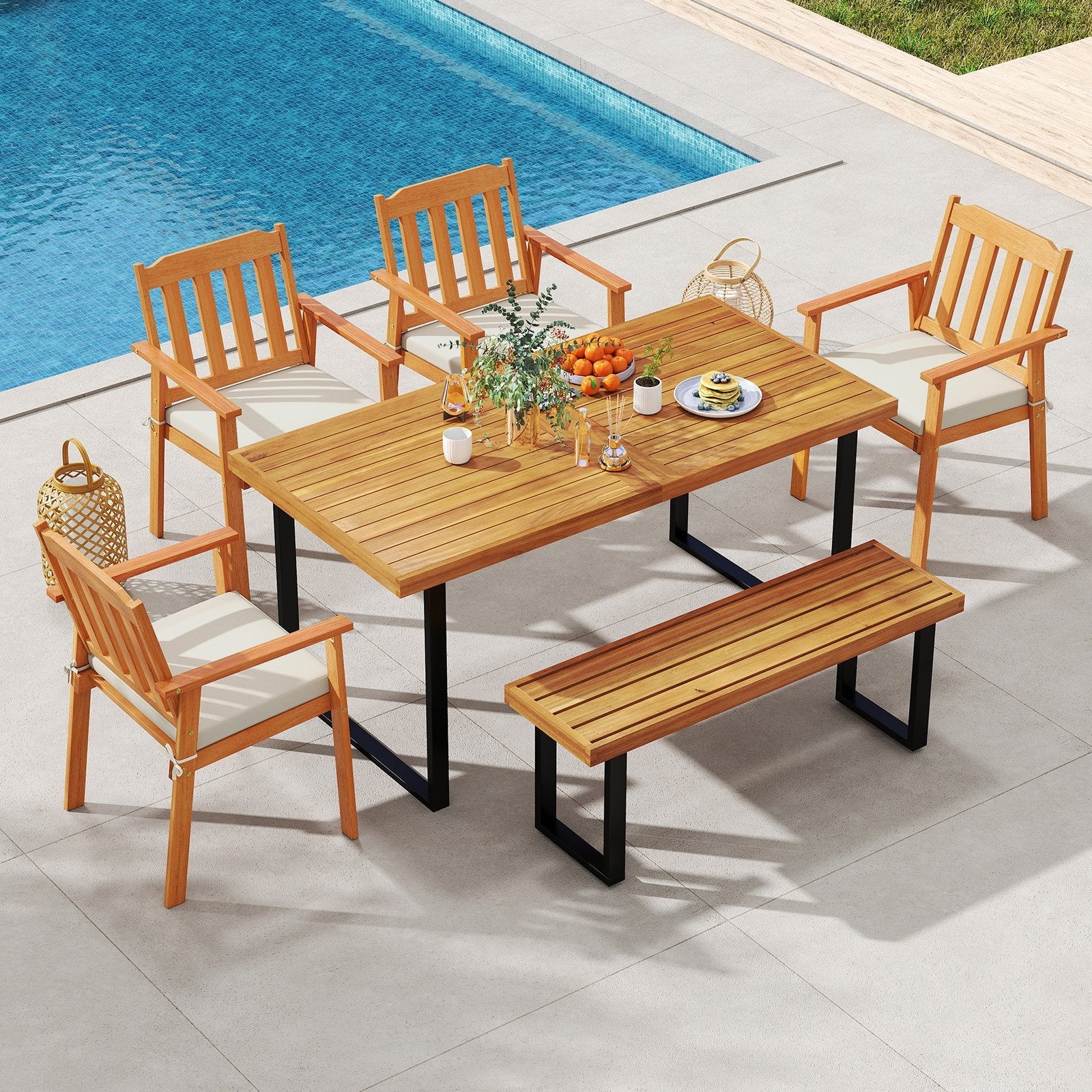 6 Pieces Patio Dining Table Set 63” Rectangle Table with 4 Acacia Wood Armchairs and Backless Bench