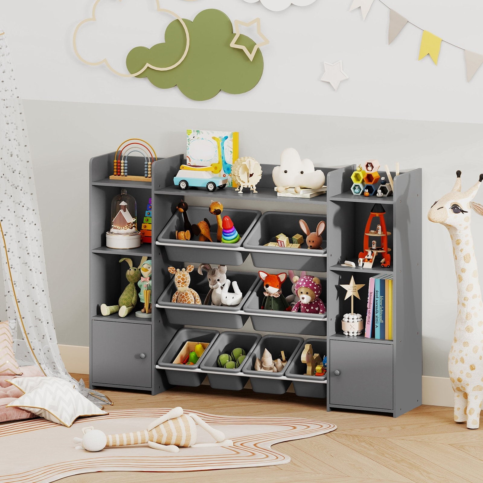 56 inch Large Toy Storage Organizer with 8 Removable Bins and Bookshelf-Gray