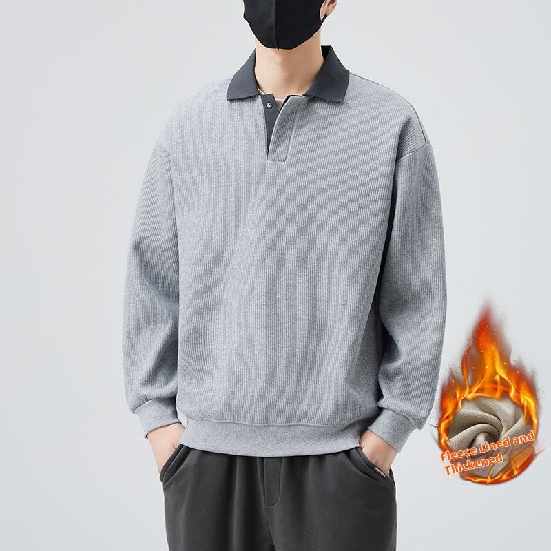 Fleece-lined V-neck Long Sleeve Casual Men's Clothing Polo Collar Top