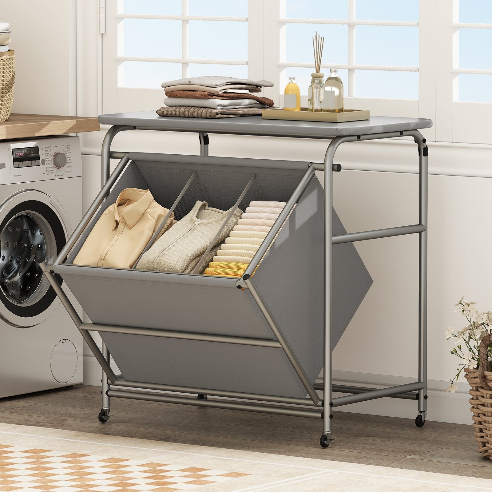3-Section Laundry Sorter with Foldable Ironing Board and Lockable Wheels-Gray
